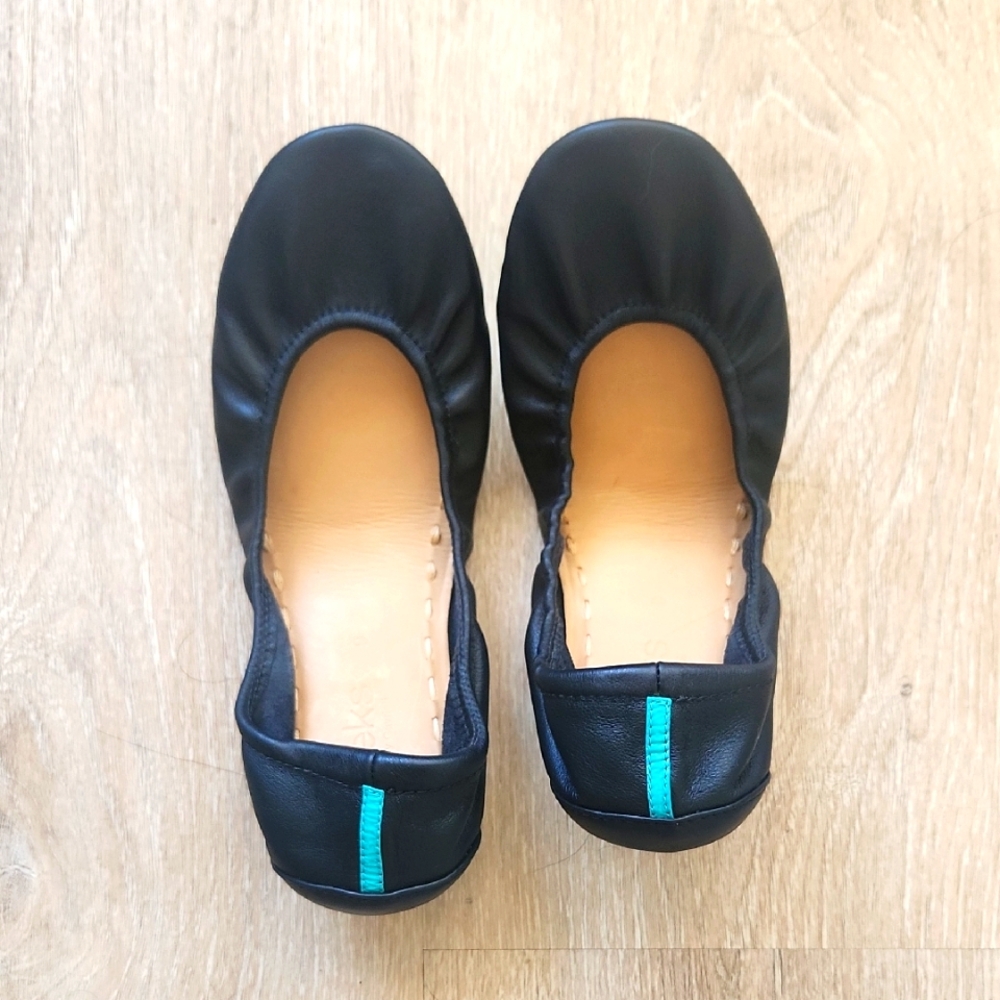 Tieks Black Flats with Teal Stripe